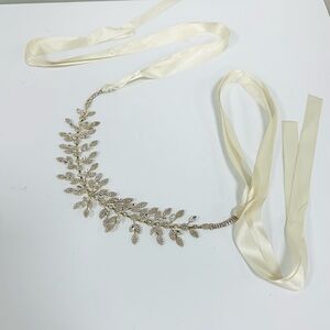 Wedding Gold/Clear Rhinestone Belt Ivory Detachable Ribbon